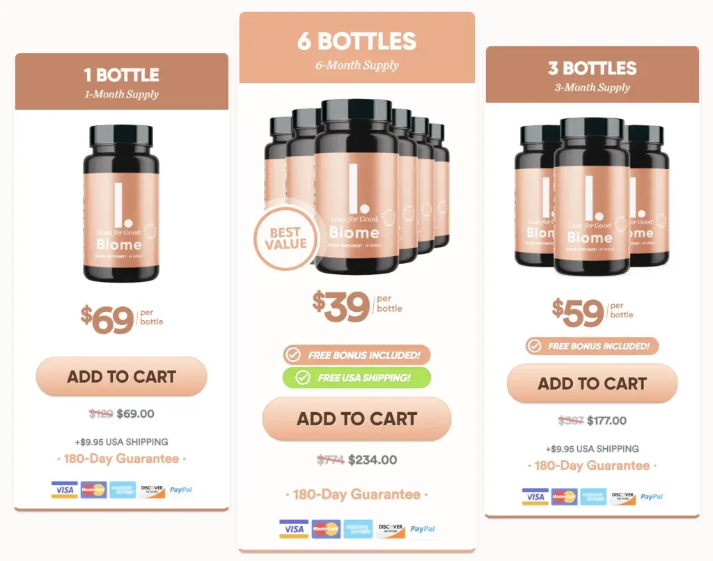 LeanBiome packages: one, three, or six bottles